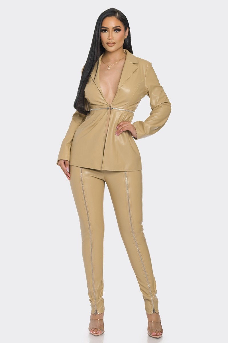 Leather Lightning Zipper Pant Set in Beige