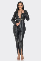 Leather Lightning Zipper Pant Set in Black