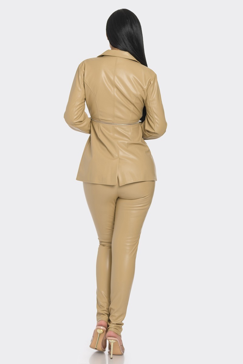 Leather Lightning Zipper Pant Set in Beige