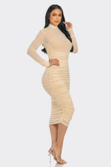 Solid Mesh Ruched Midi Dress