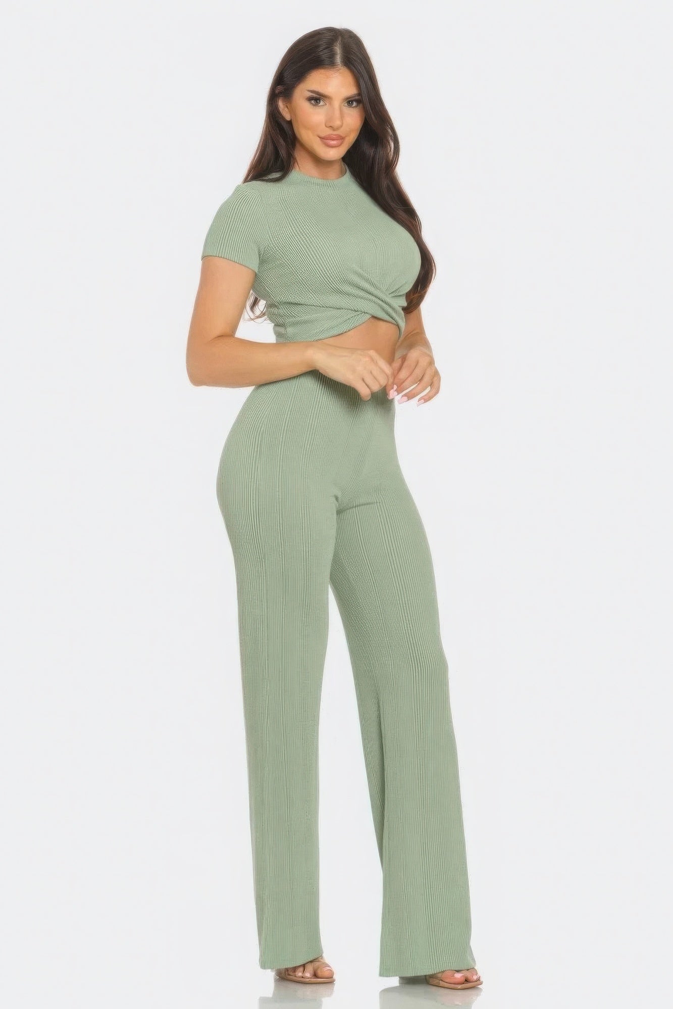 Front Twist Detail Top And Flare Pants Set