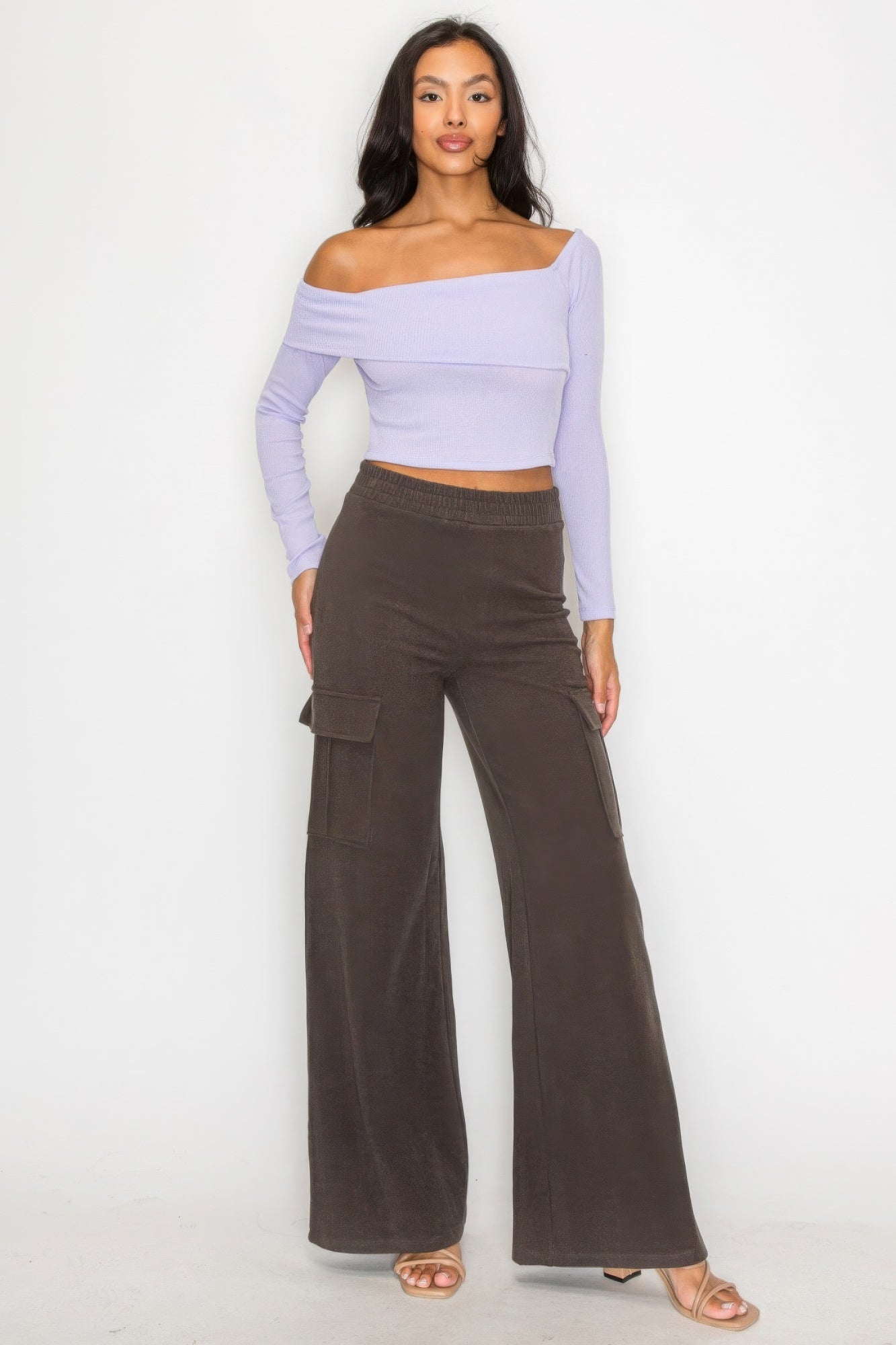 Bardot ribbed long sleeve crop top