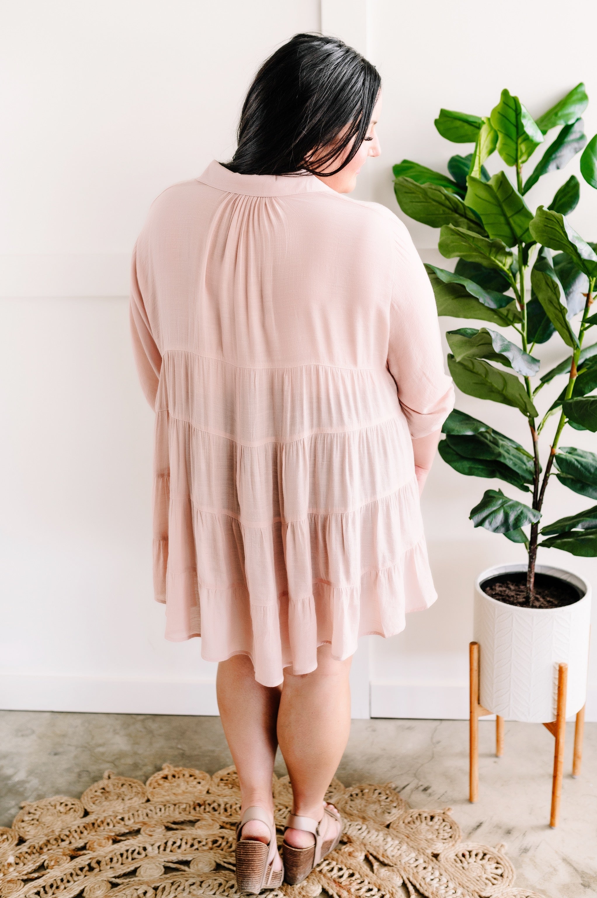 Tiered Bohemian Button Down Blouse In Soft Blush