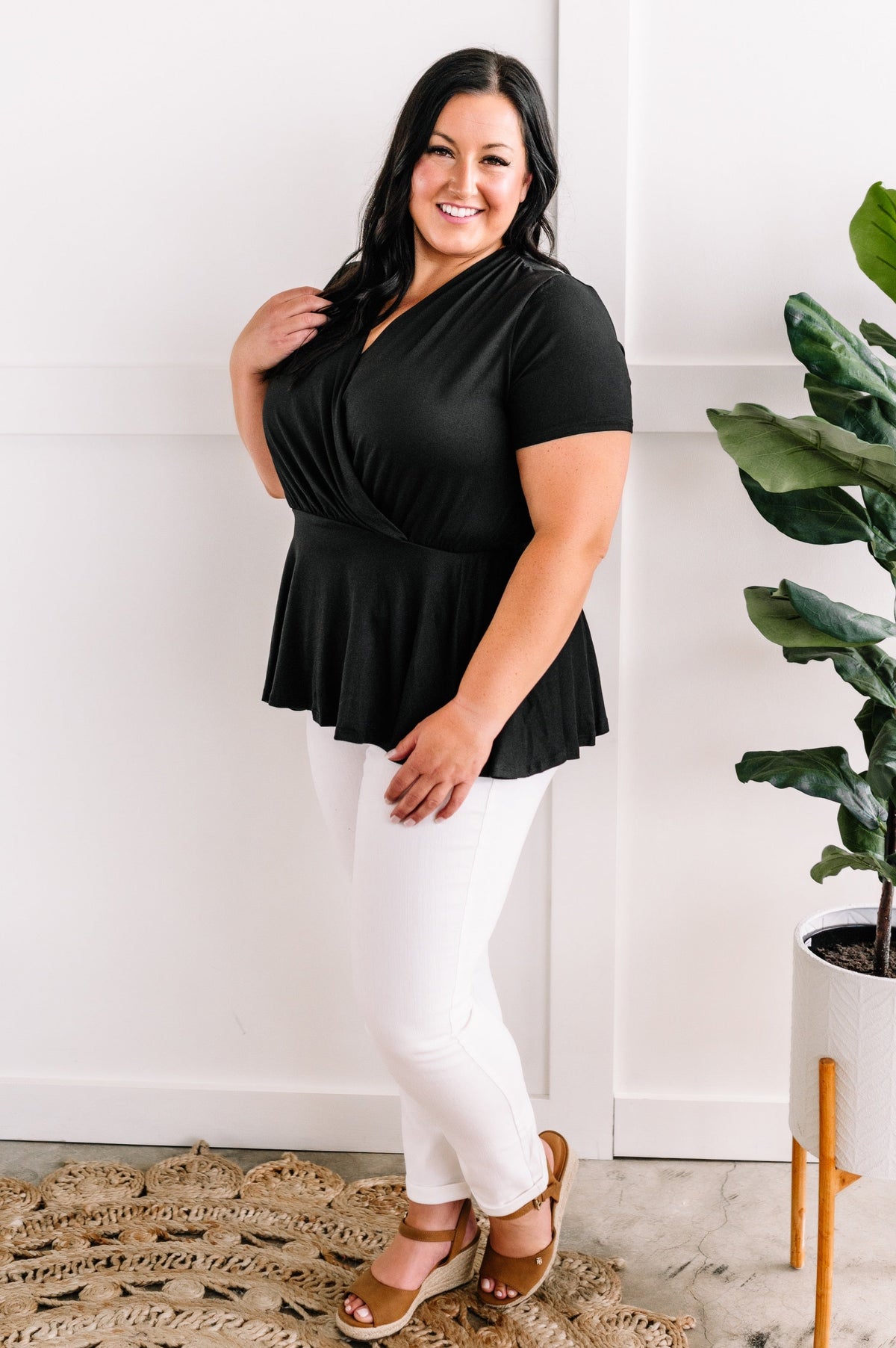 Peplum Surplice Top In Black