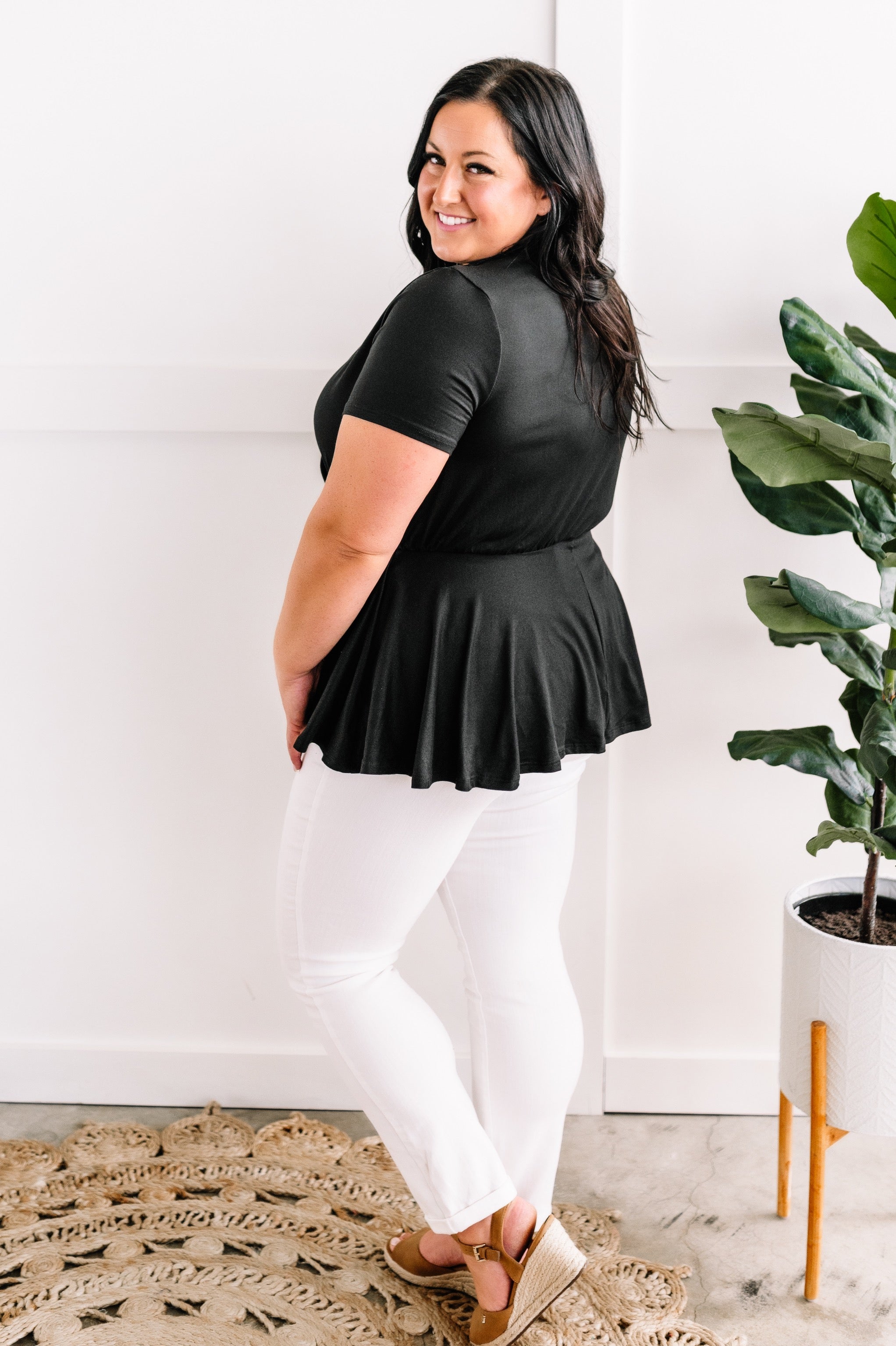 Peplum Surplice Top In Black