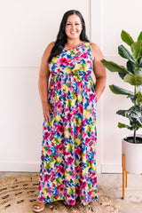 Maxi Dress With Pockets In Bright Neon Flowers