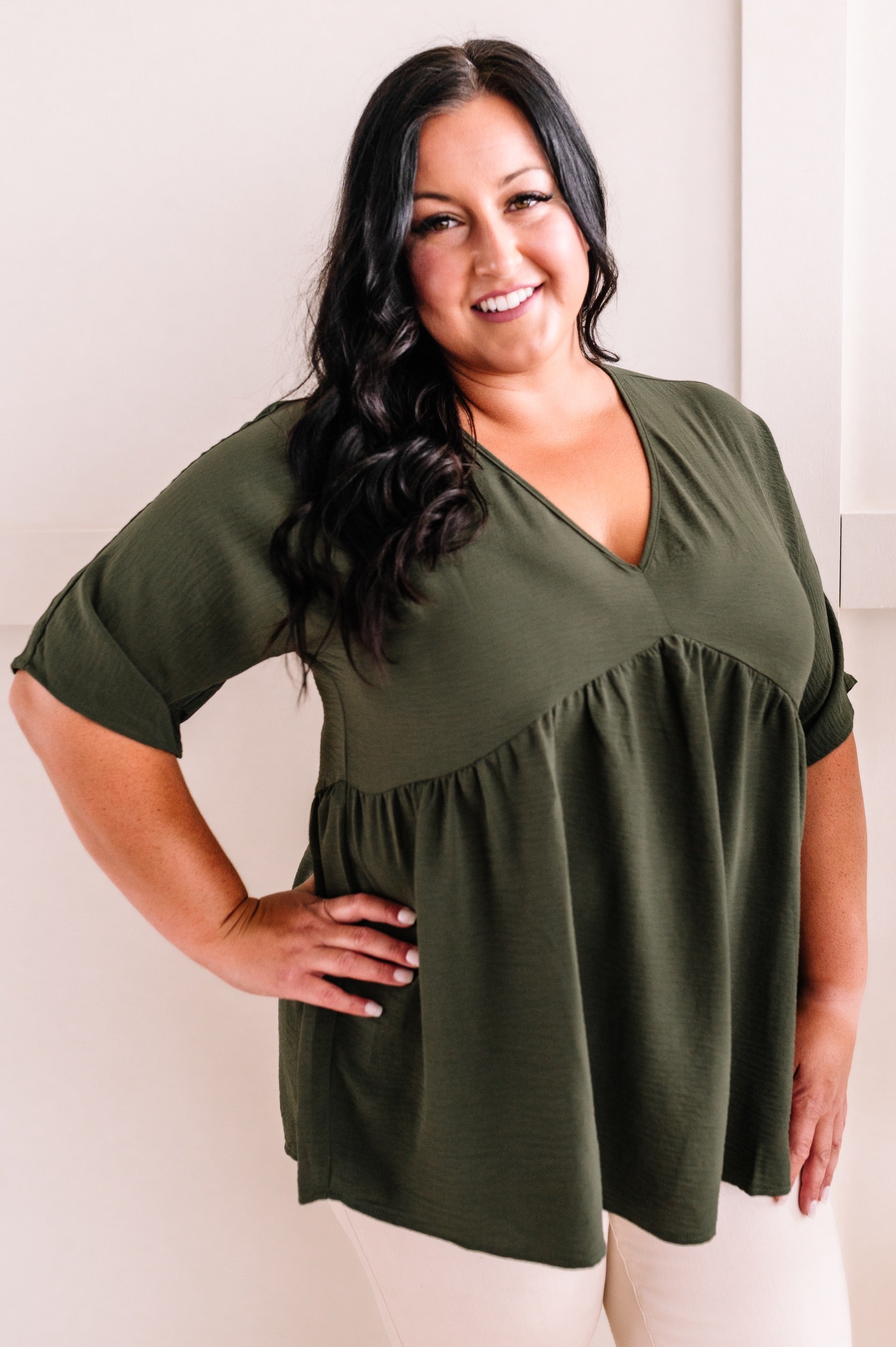 V Neck Babydoll Blouse In Olive