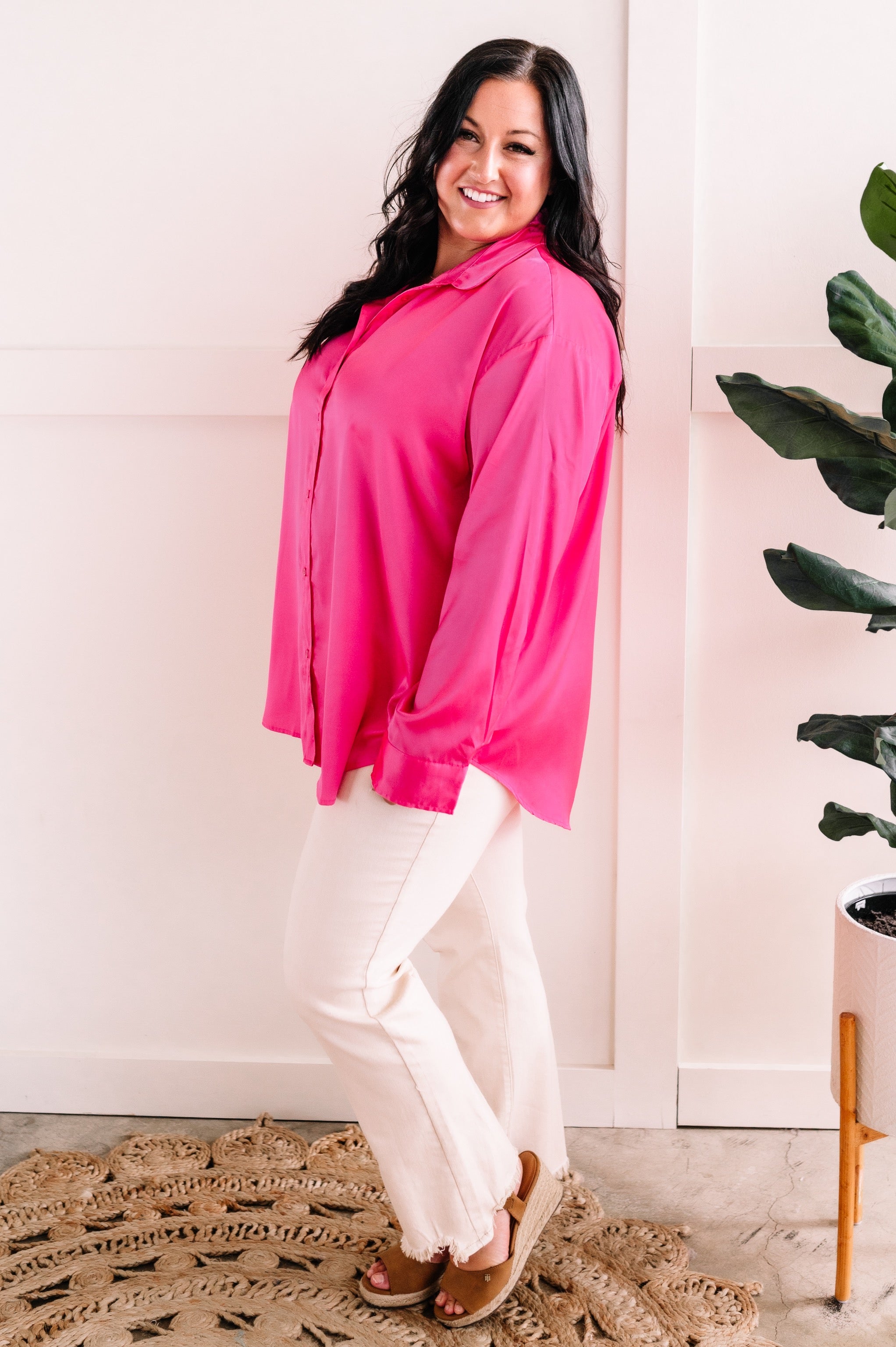 Button Front Blouse In Barbie Pink