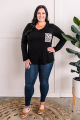 Long Sleeve Pocket Top With Leopard Contrast In Black