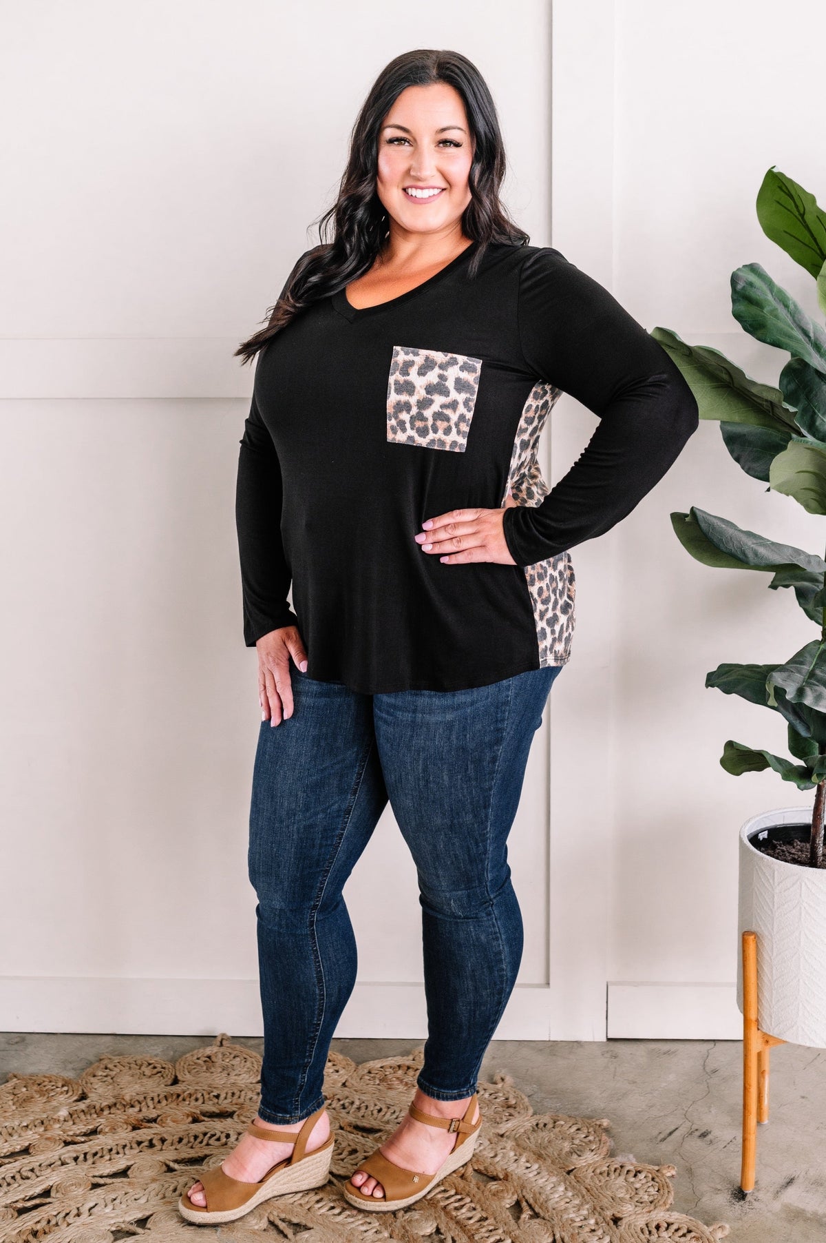 Long Sleeve Pocket Top With Leopard Contrast In Black