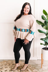 Long Sleeve Peplum Knit Sweater In Southwest Aztec