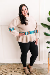 Long Sleeve Peplum Knit Sweater In Southwest Aztec