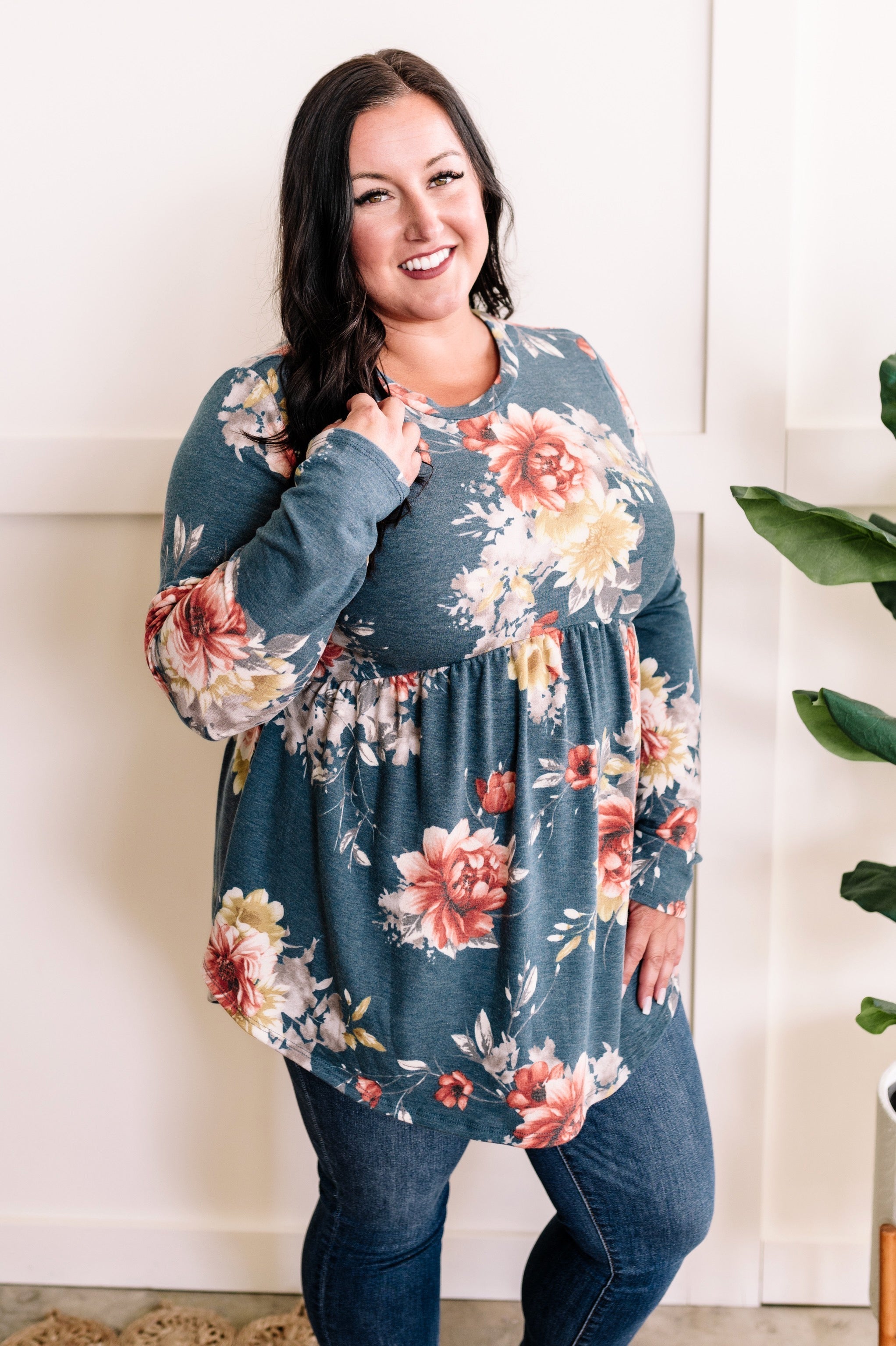 Long Sleeve Babydoll Top In Blue Florals