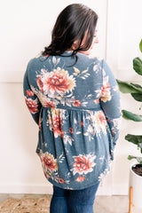 Long Sleeve Babydoll Top In Blue Florals