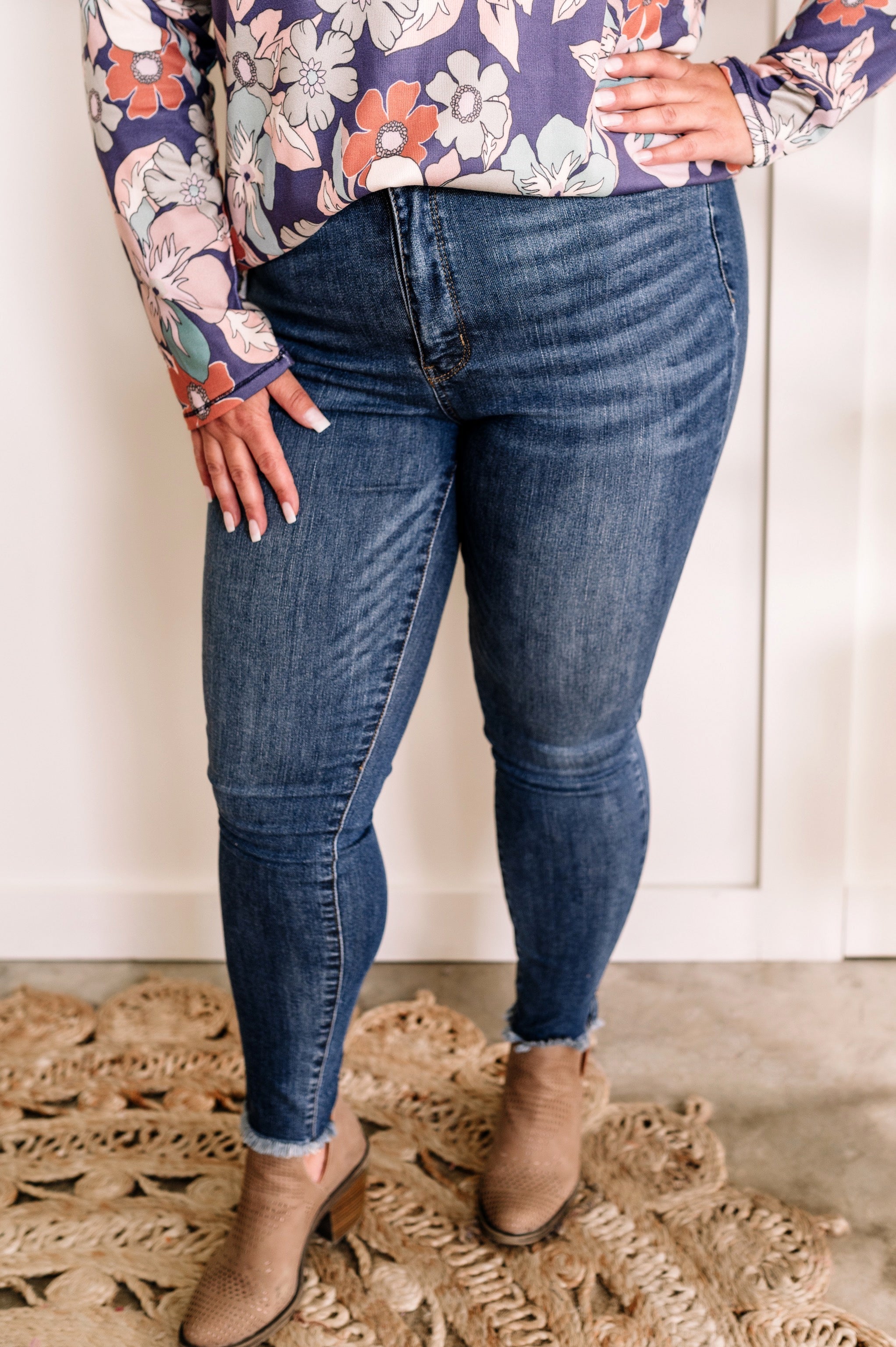 Tummy Control Frayed Hem With Side Slit Skinny Judy Blue Jeans