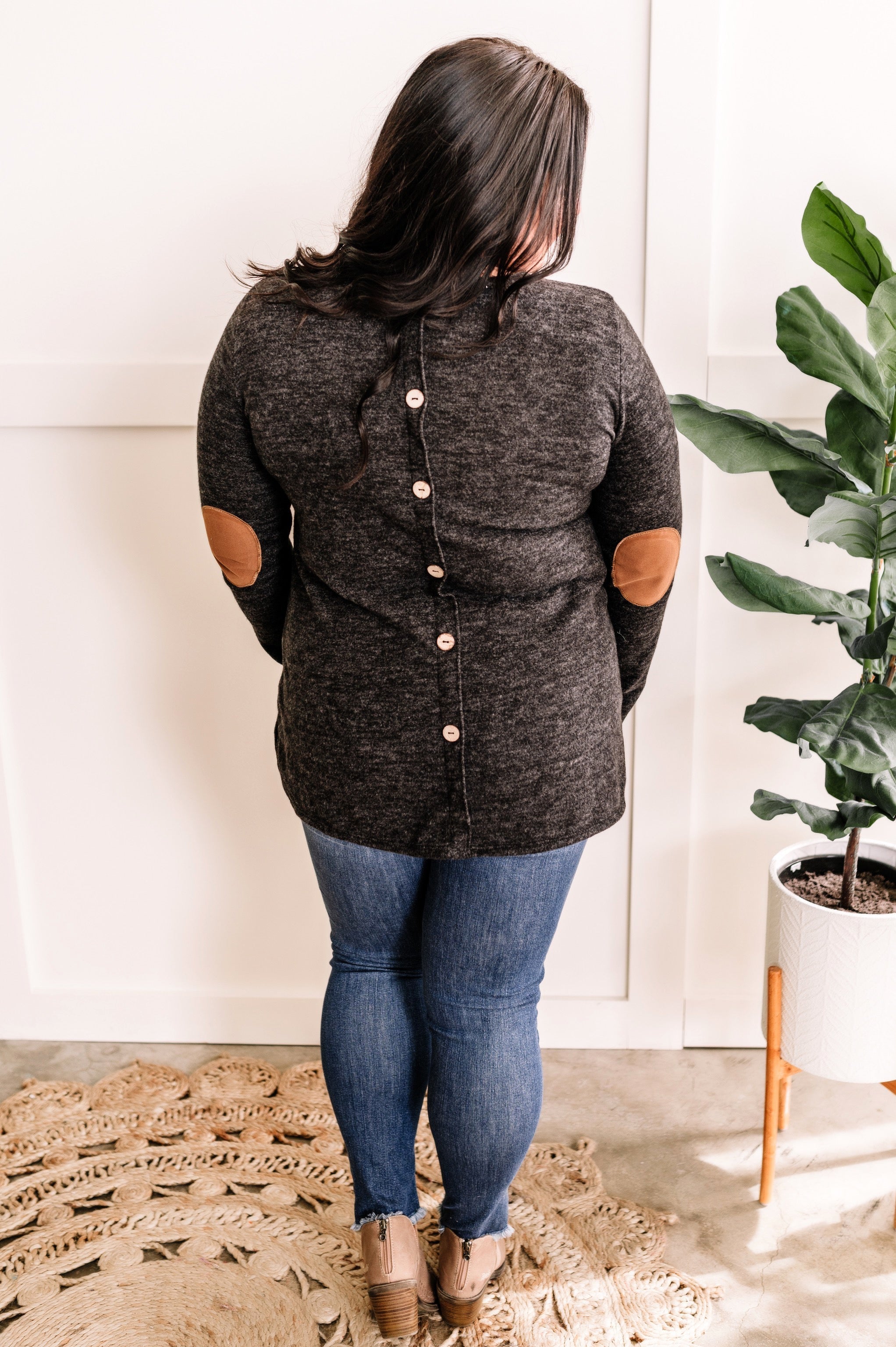 Button Back Top With Elbow Patch Sleeve Detail In Heathered Charcoal