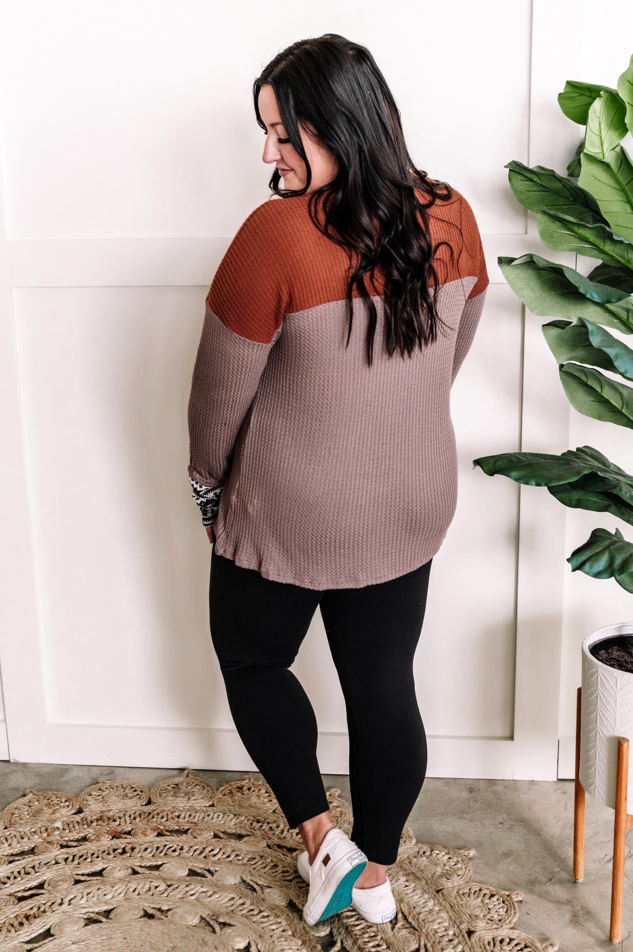 Waffle Knit Long Sleeve Top In Rust & Beige With Snowflake Detail