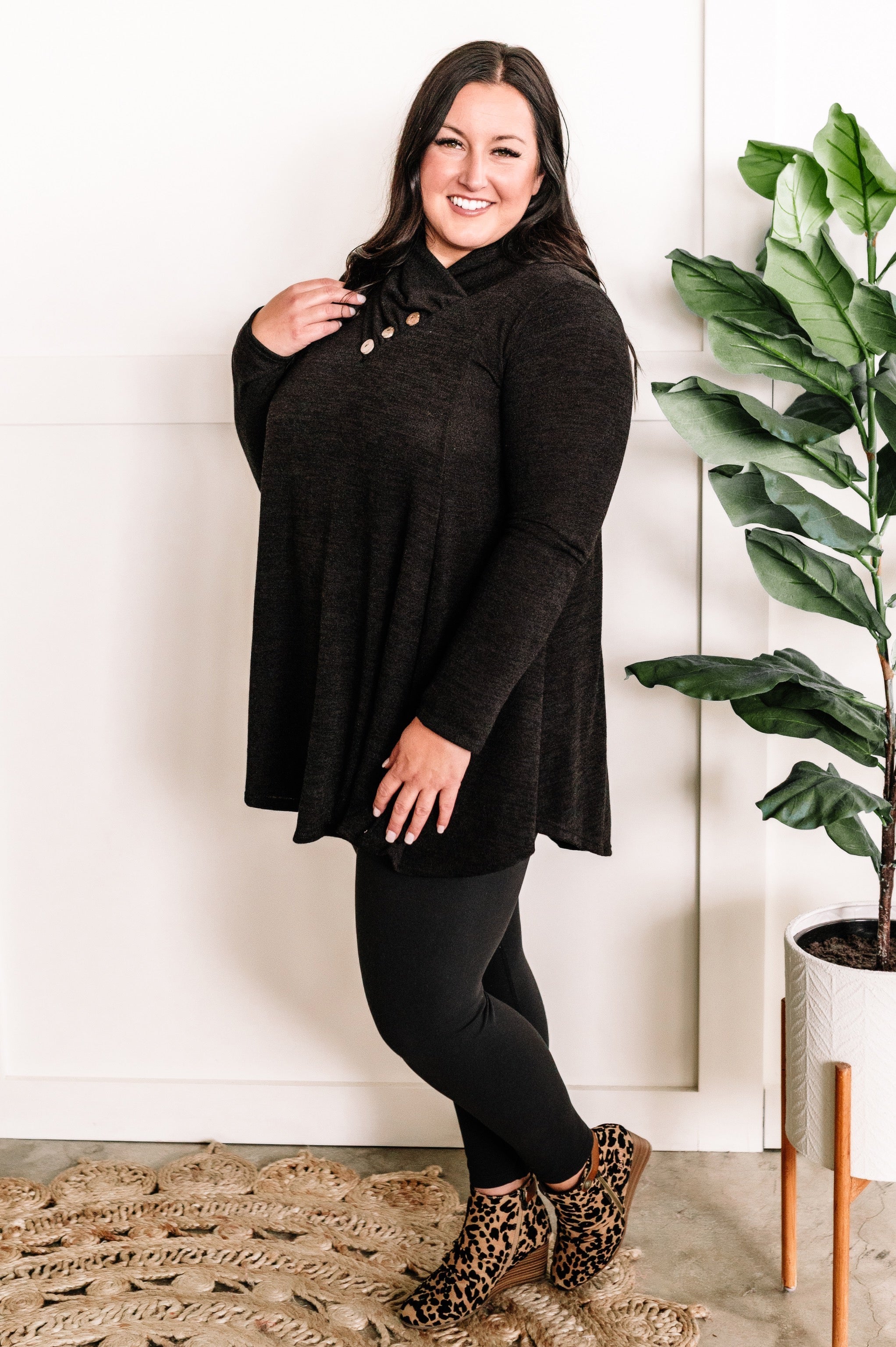 Crossover Cowl Neck Fit & Flare Tunic Sweater In Black