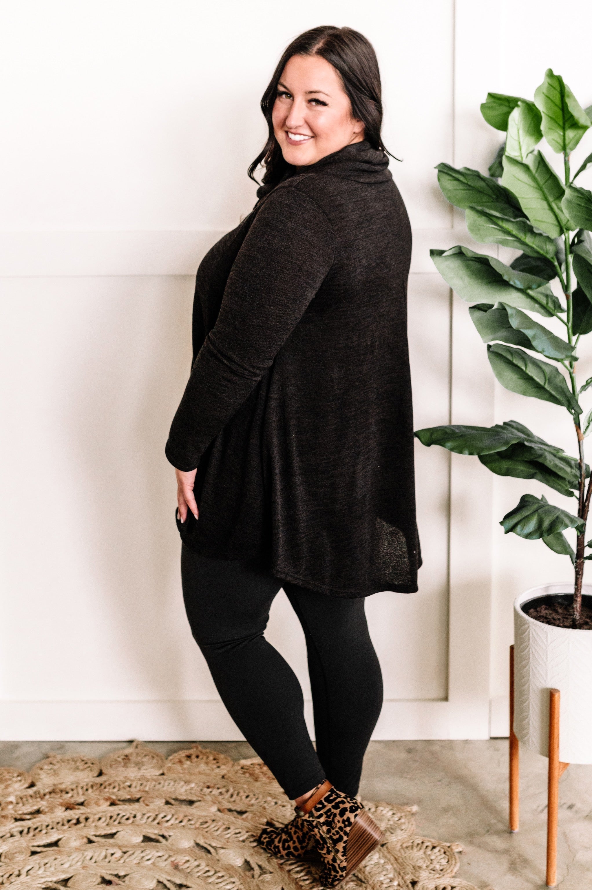 Crossover Cowl Neck Fit & Flare Tunic Sweater In Black