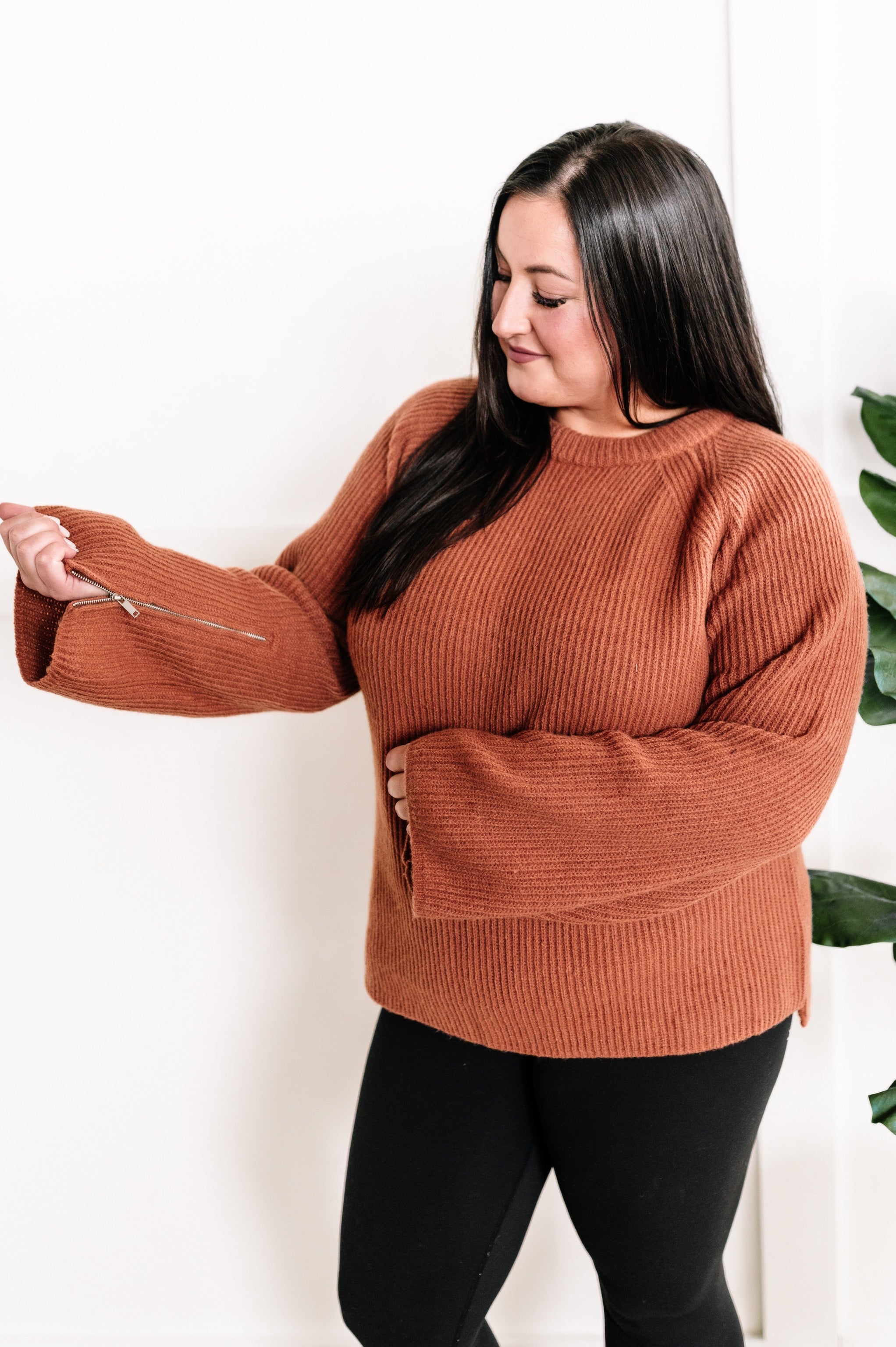 Knit Sweater With Zipper Sleeve Detail In Rustic Fall