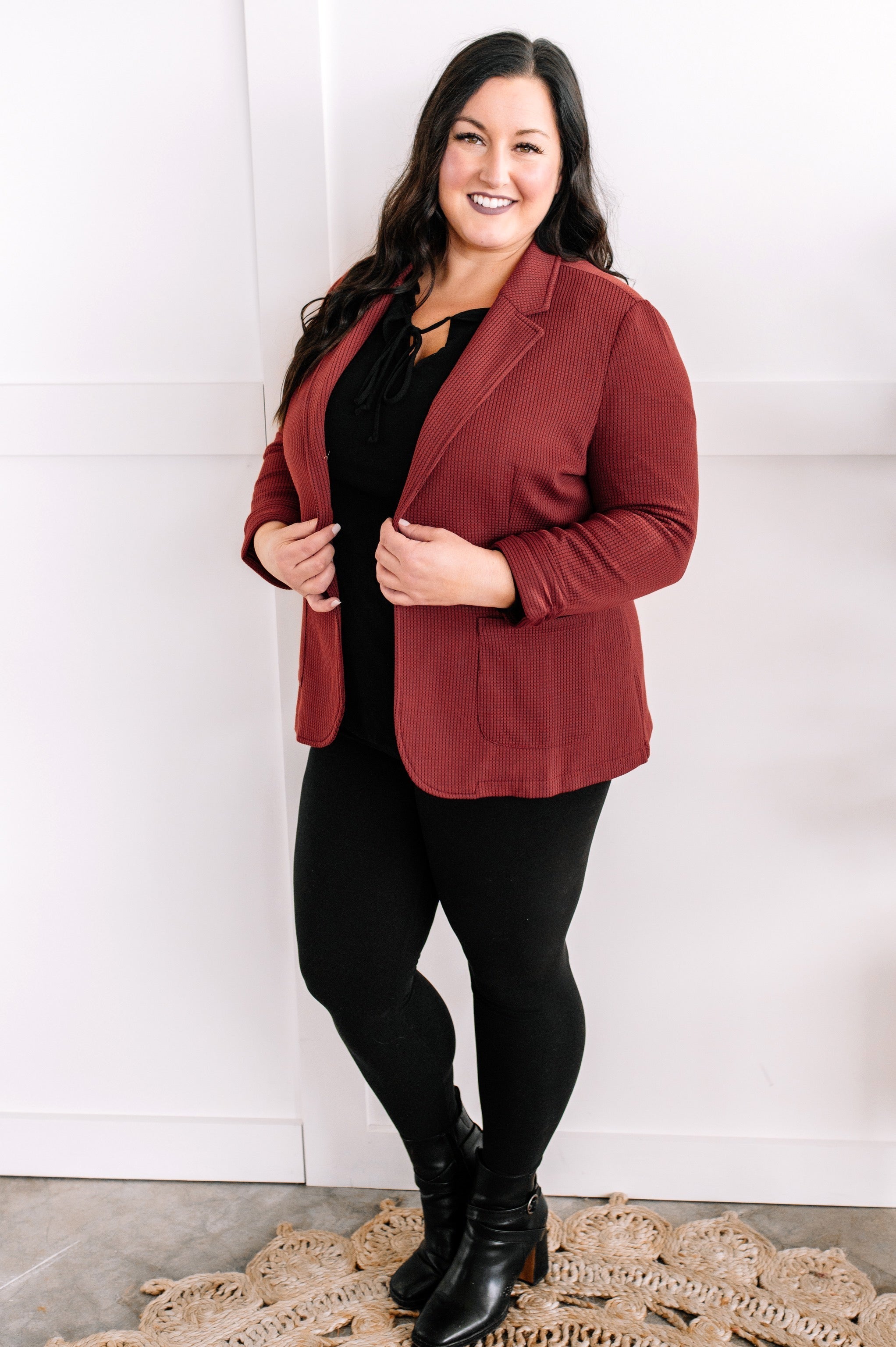 Textured Blazer With Pockets In Lingonberry