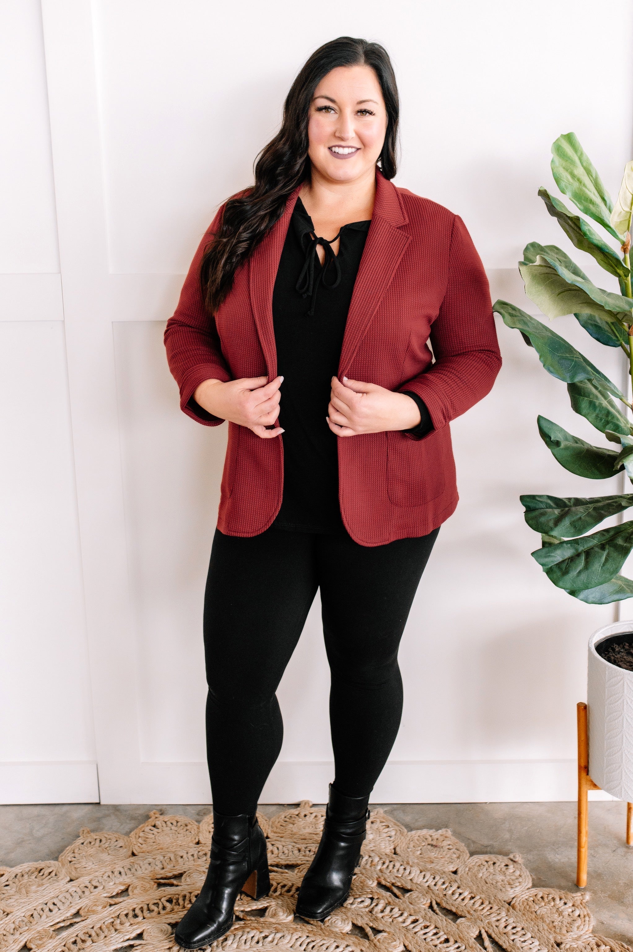 Textured Blazer With Pockets In Lingonberry