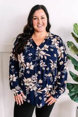 Floral Print Top With Elastic Sleeve In Navy & Natural