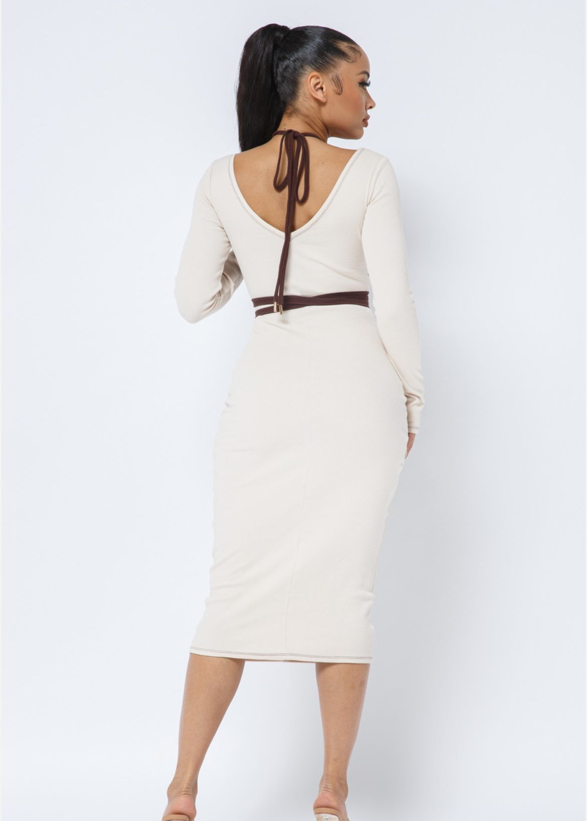 Waist Tie V Neck Midi