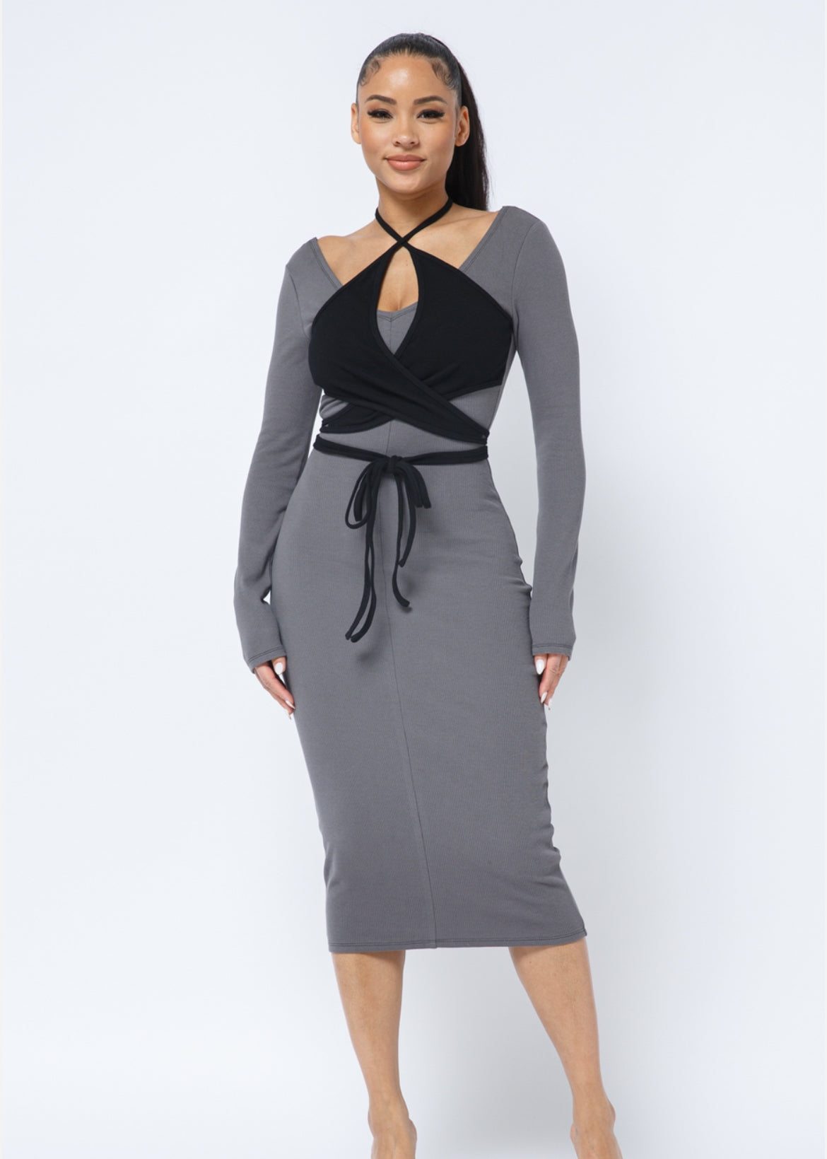 Waist Tie V Neck Midi