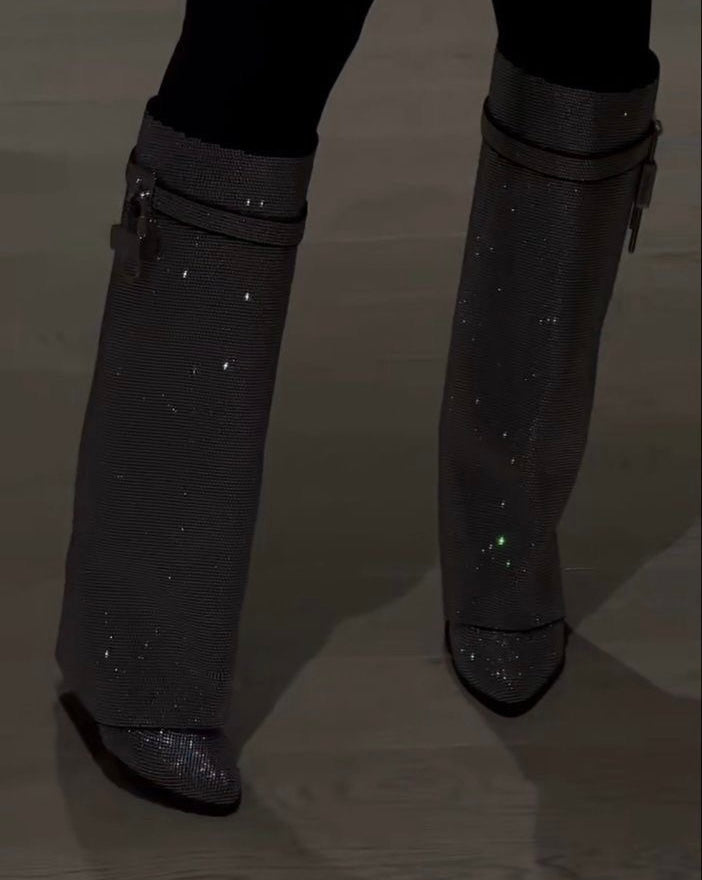 Locked In Rhinestone Shark Buckle Knee-high Boots