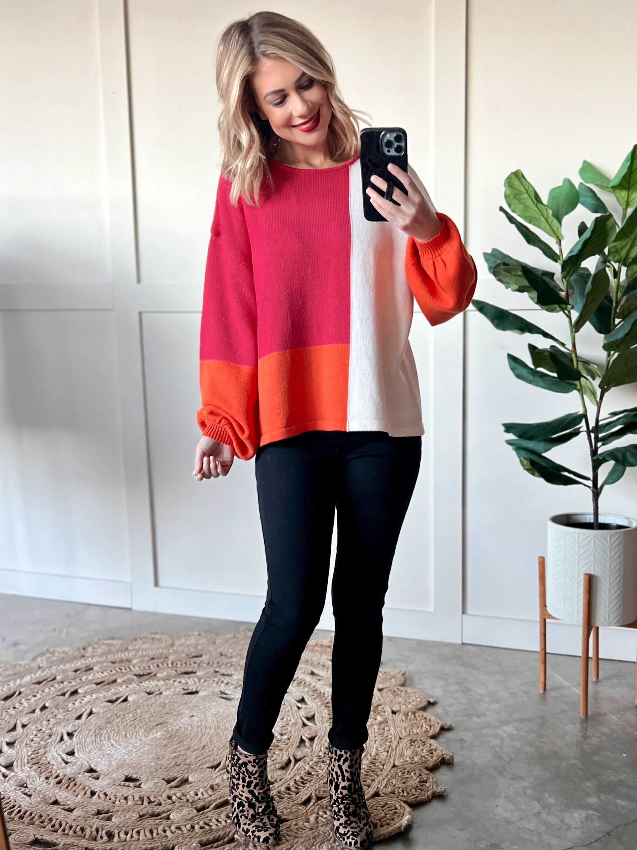 ColorBlock Knit Sweater In Pink, Orange & Ivory