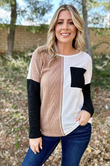 Color Block Chest Pocket Textured Knit Top, Black