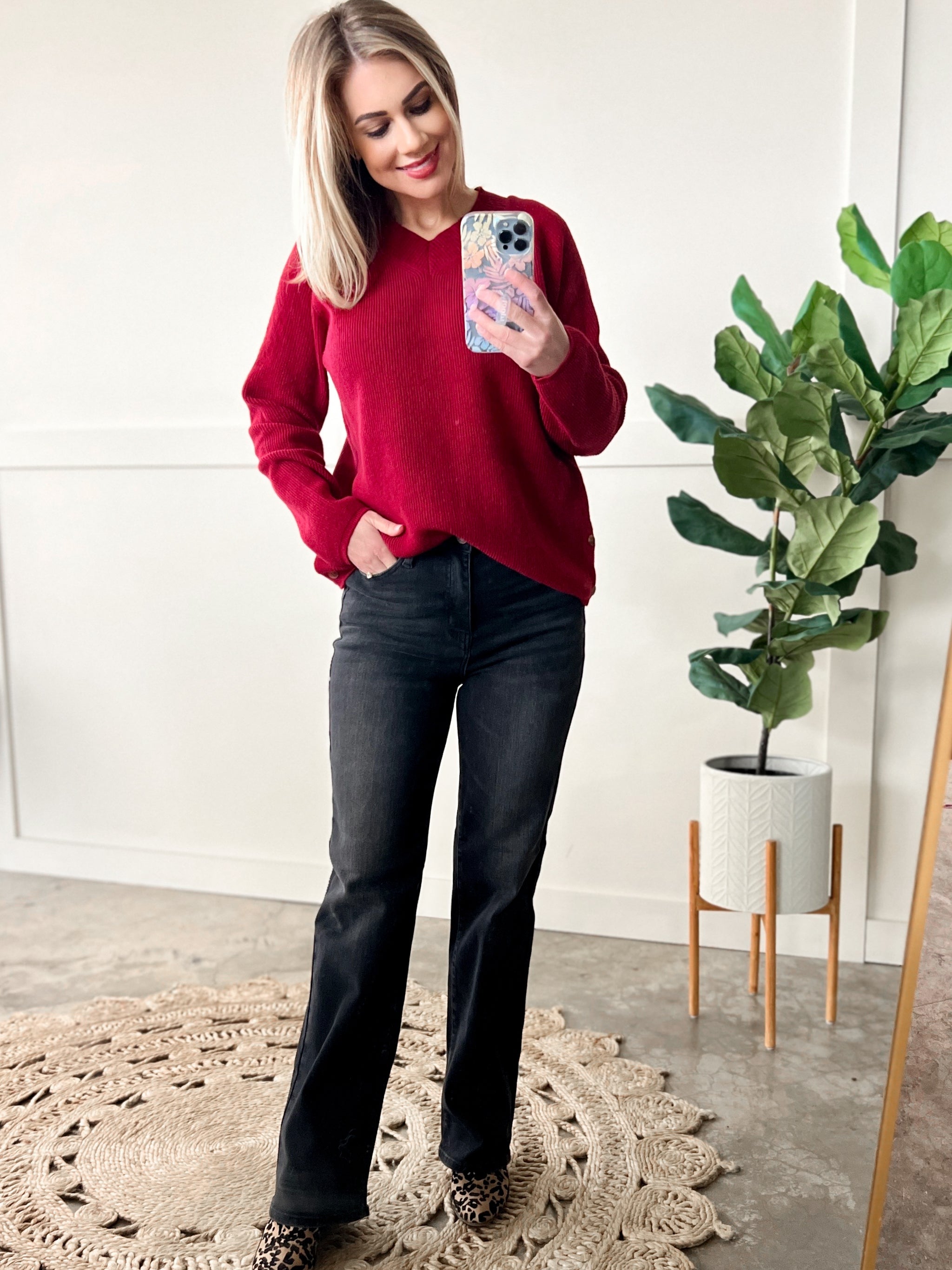 V Neck Knit Sweater With Side Button Detail In Red