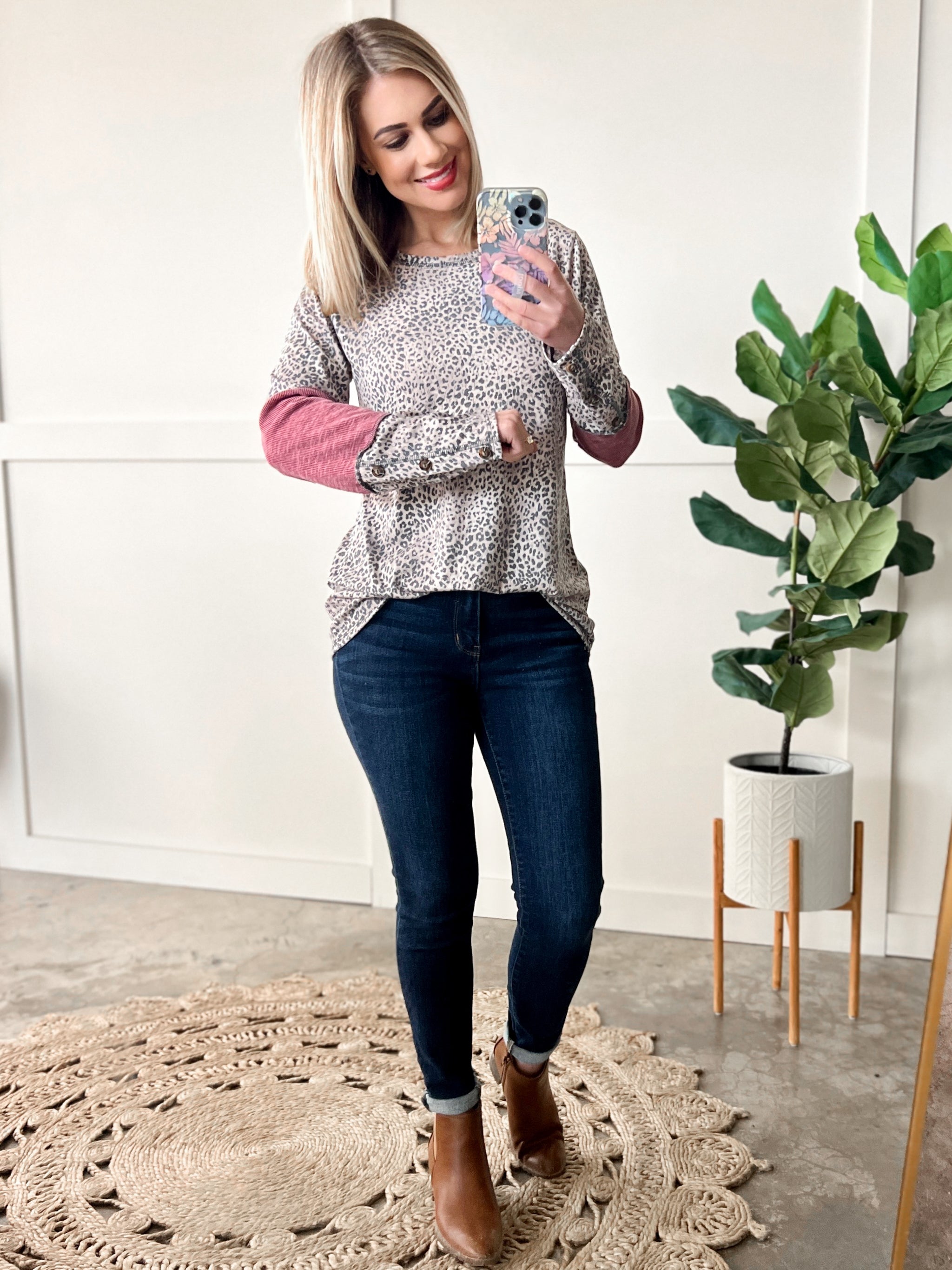 Button Sleeve Top In Burgundy & Leopard