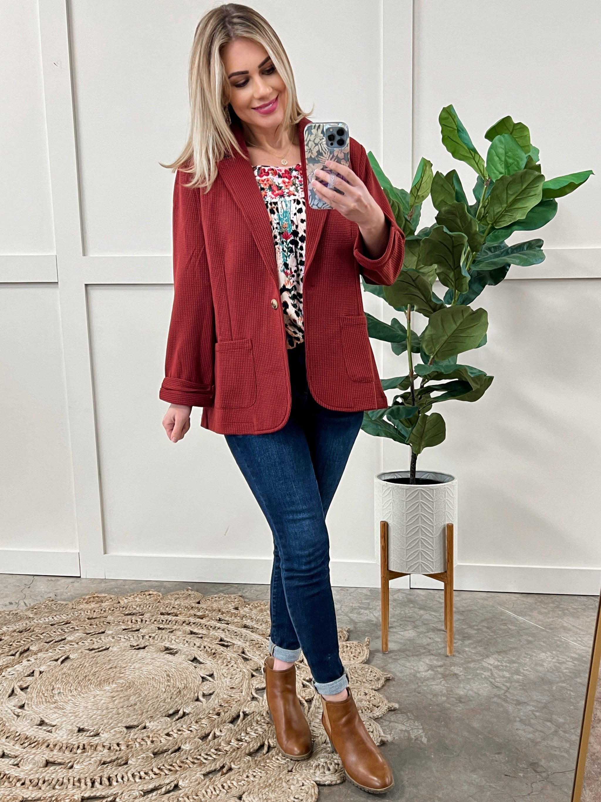 Textured Blazer With Pockets In Lingonberry