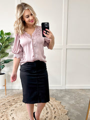 Denim Pencil Skirt In Classic Black By Risen