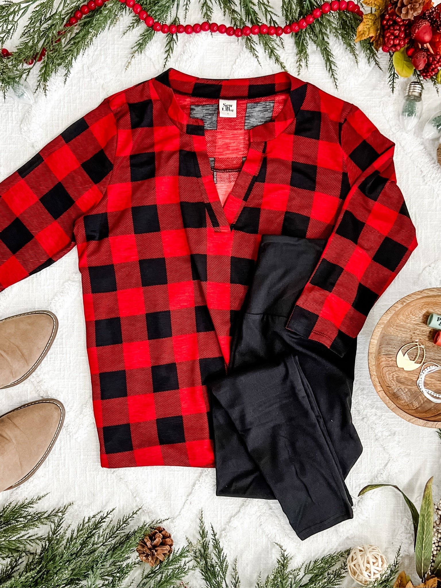 Stretchy Gabby Front Top In Red Buffalo Plaid