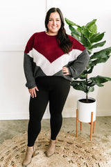 Cozy Knit Sweater In Burgundy White & Grey Chevron