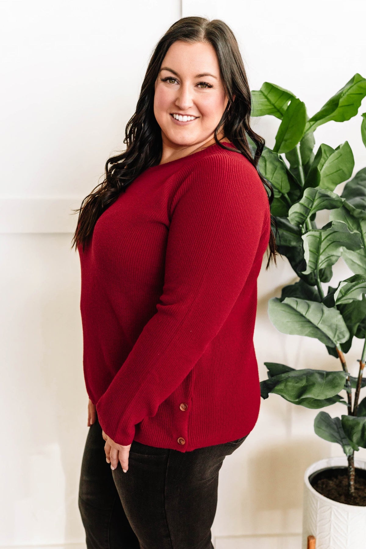 V Neck Knit Sweater With Side Button Detail In Red