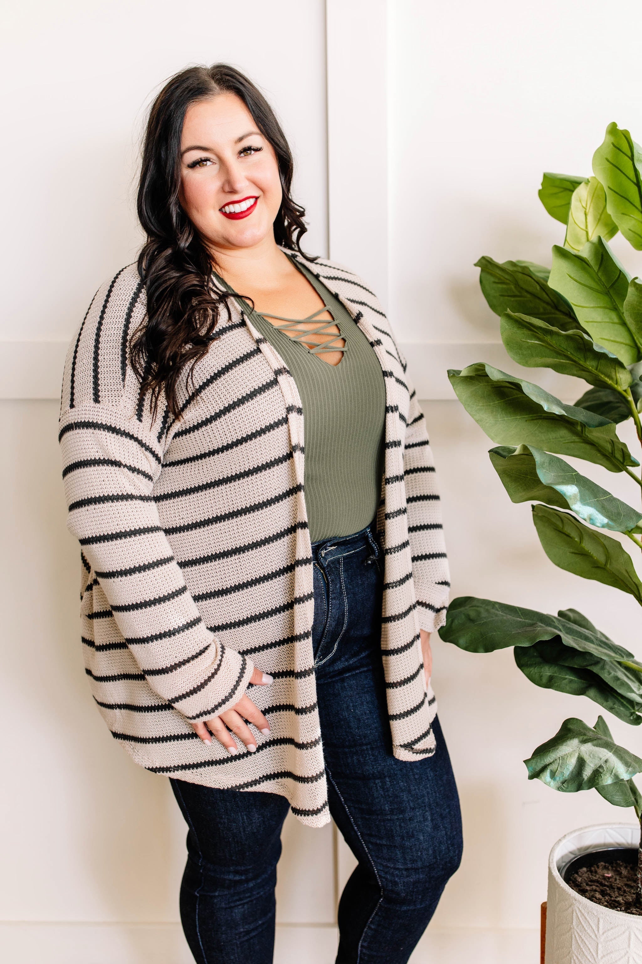 Knit Cardigan With Pockets In Beige & Charcoal Stripe