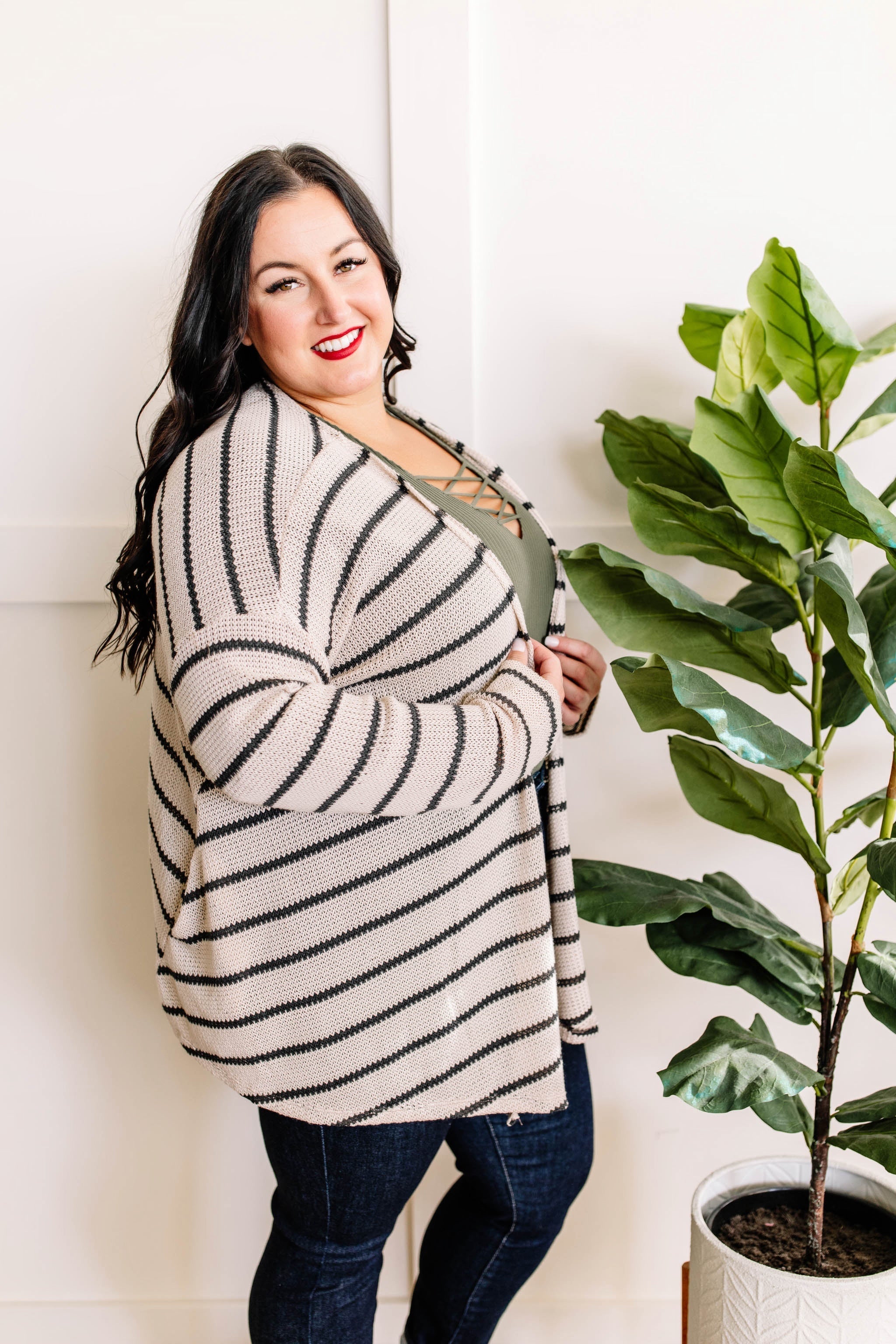 Knit Cardigan With Pockets In Beige & Charcoal Stripe