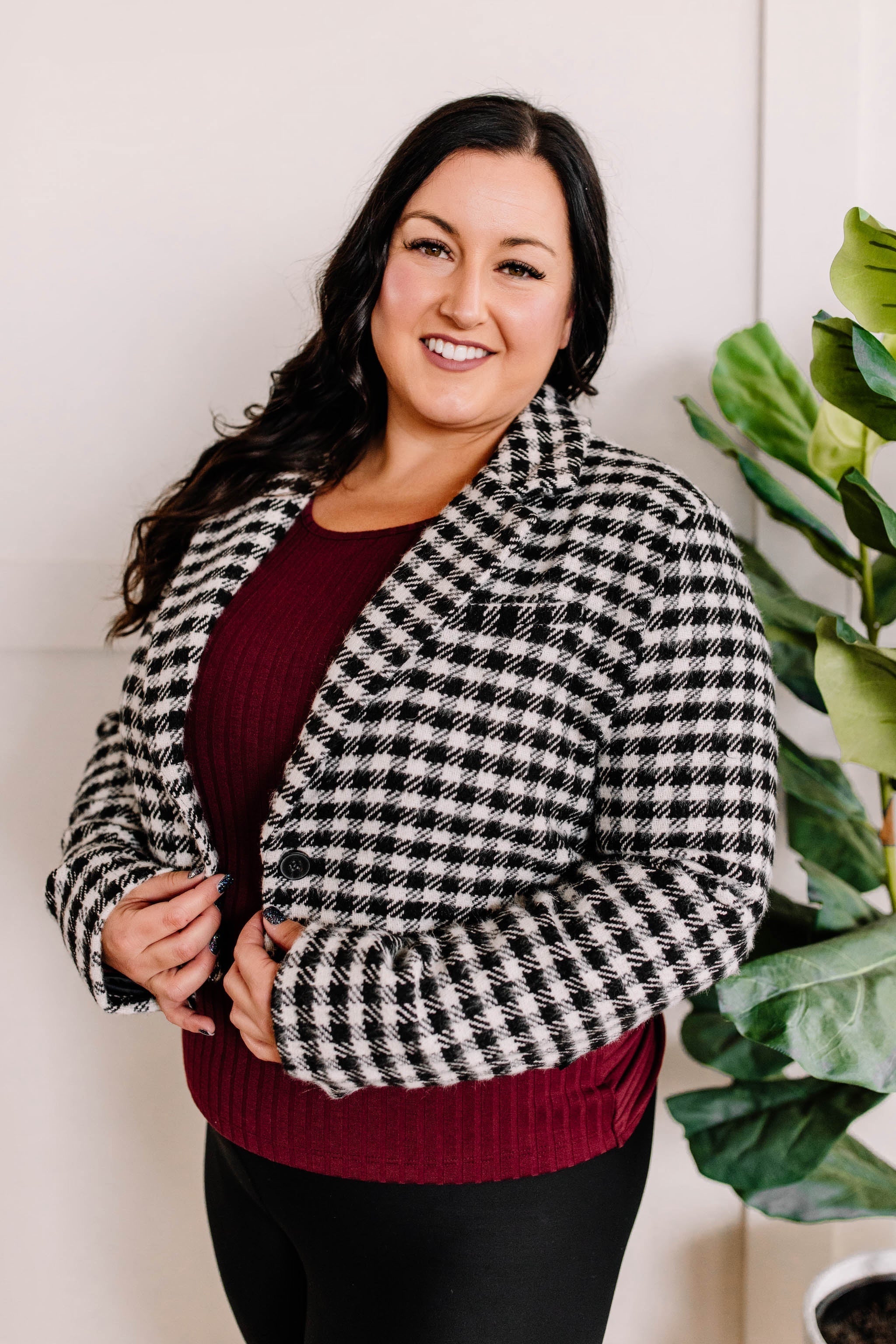 Classic Cropped Knit Blazer In Houndstooth