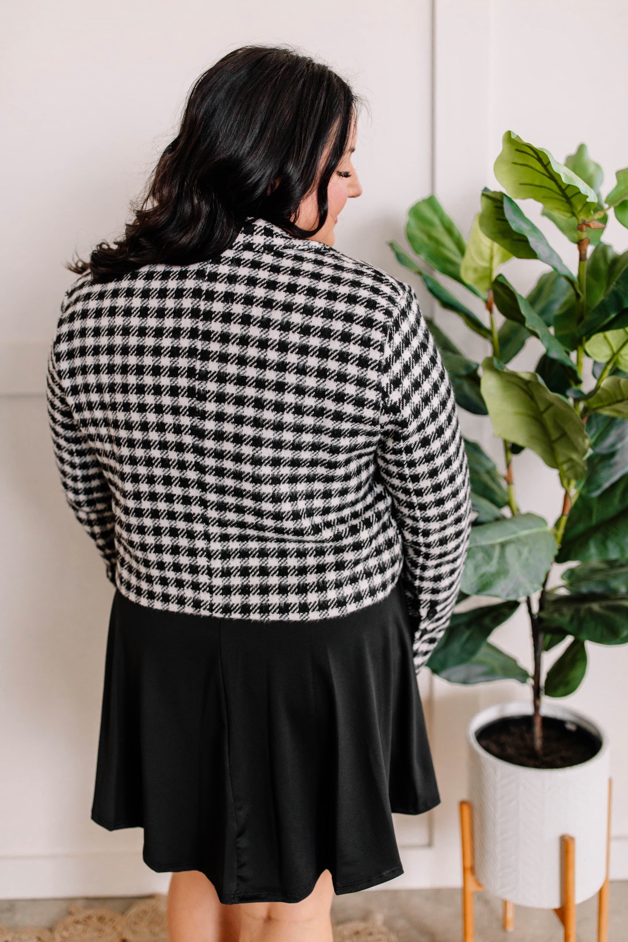 Classic Cropped Knit Blazer In Houndstooth