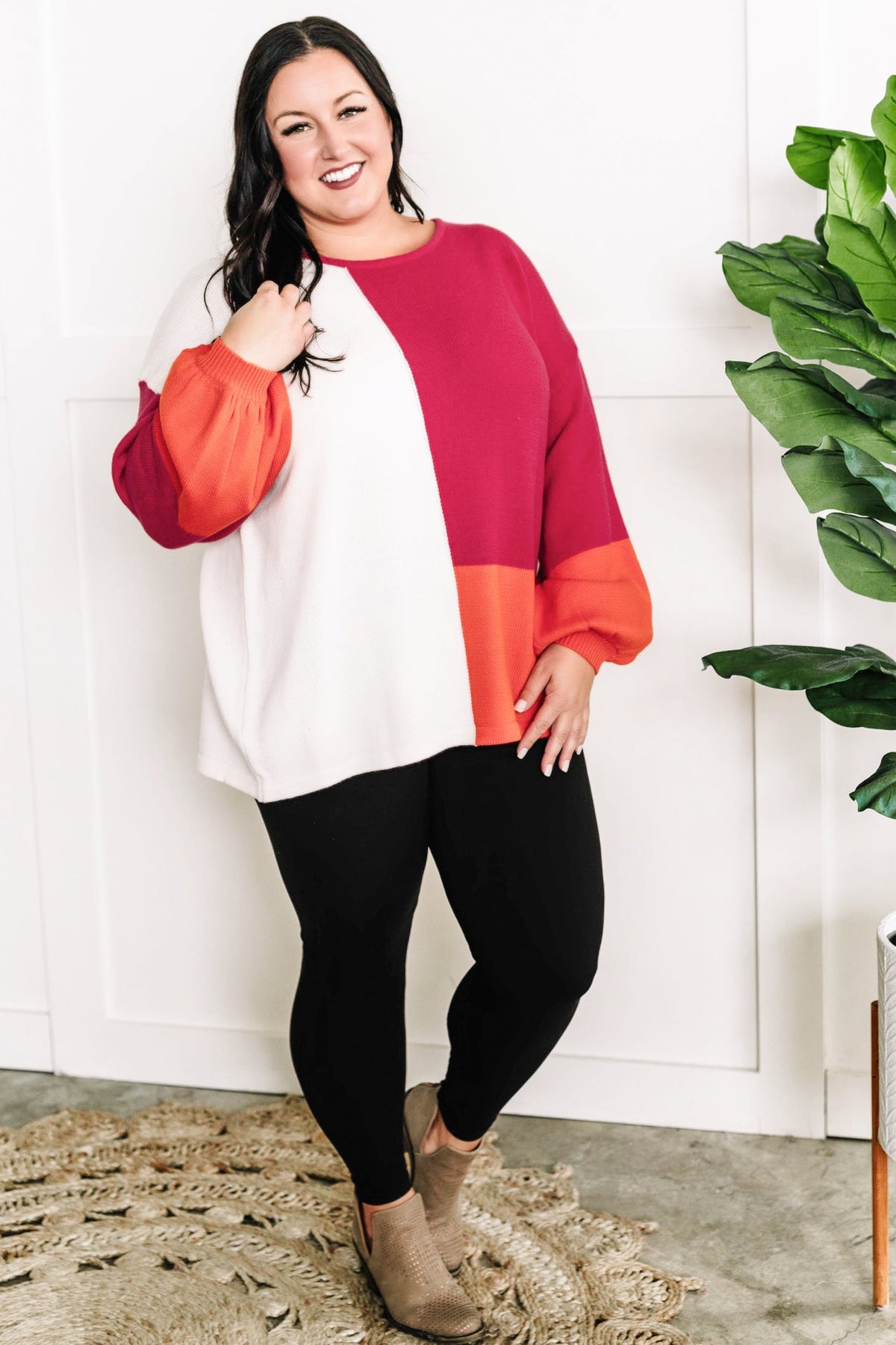 ColorBlock Knit Sweater In Pink, Orange & Ivory