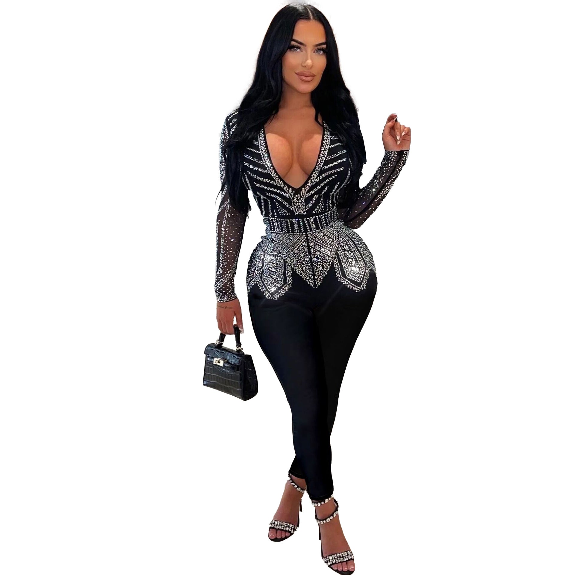 Slim Hip Rhinestone V-neck Stretch Jumpsuit