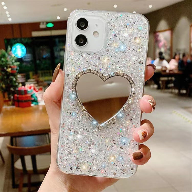 Epoxy Mirror Heart Shape Rhinestone Phone Case