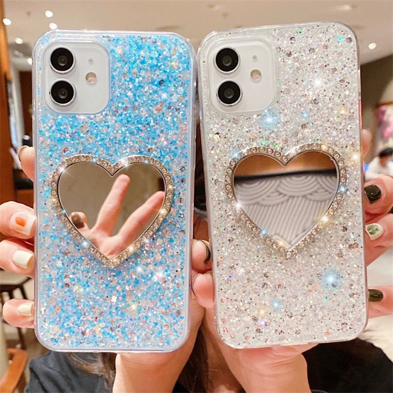 Epoxy Mirror Heart Shape Rhinestone Phone Case