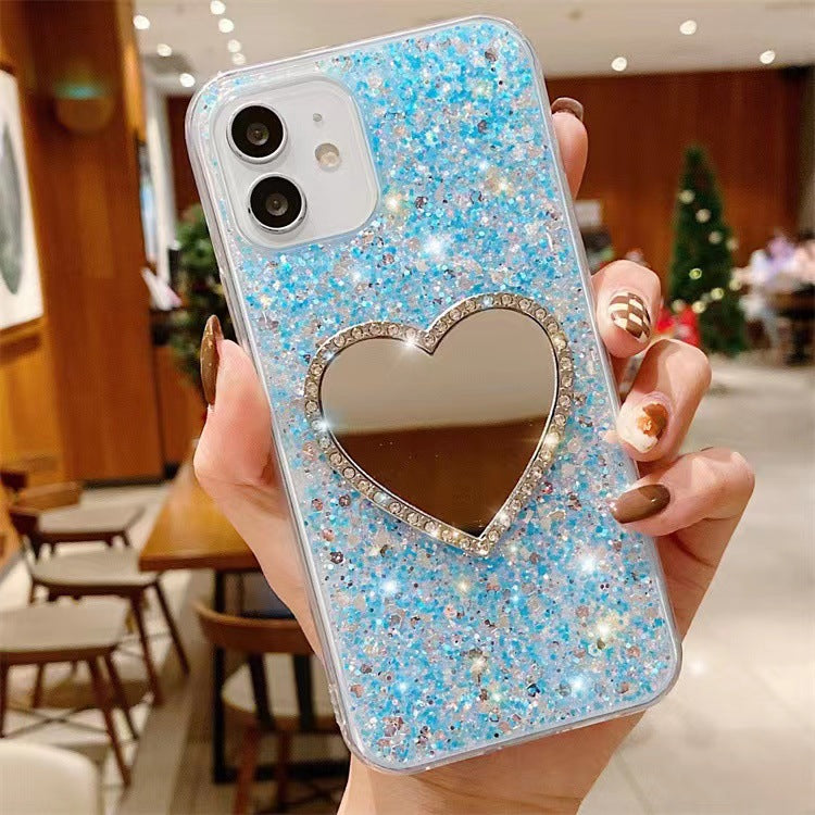 Epoxy Mirror Heart Shape Rhinestone Phone Case