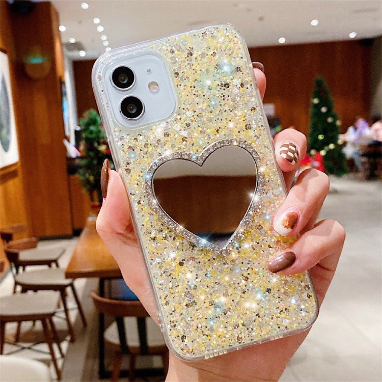 Epoxy Mirror Heart Shape Rhinestone Phone Case