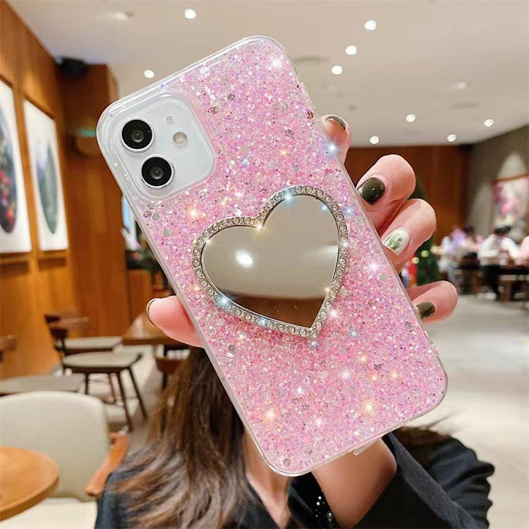 Epoxy Mirror Heart Shape Rhinestone Phone Case